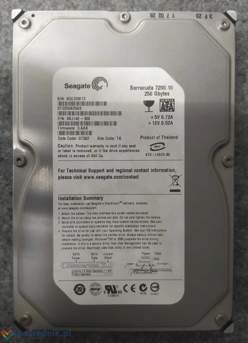 DYSK Seagate ST3250620AS 250GB Barracuda 7200.10 7200rpm 16MB buffer SATA II 3000MB/s, sprawny, bez błędów