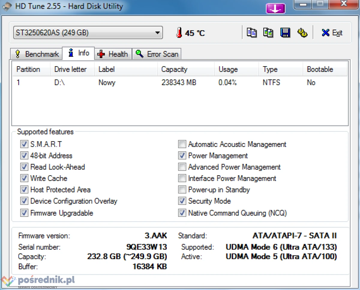 DYSK Seagate ST3250620AS 250GB Barracuda 7200.10 7200rpm 16MB buffer SATA II 3000MB/s, sprawny, bez błędów