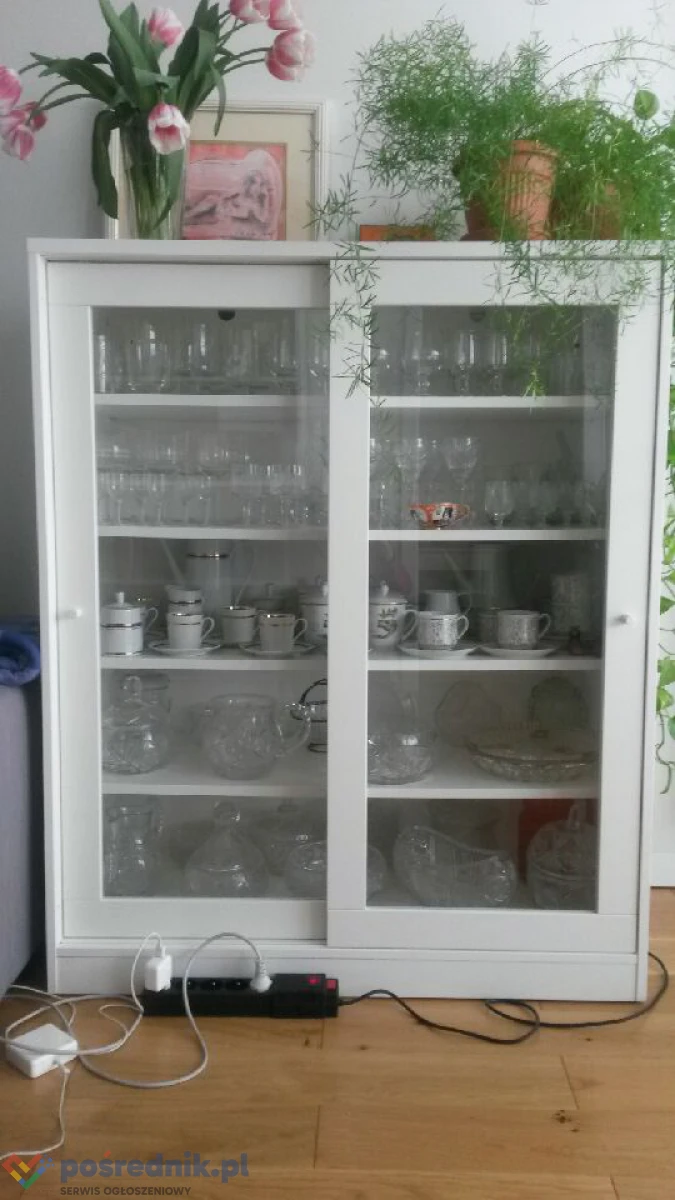 Witryna do pokoju biała z drzwiami przeszklonymi