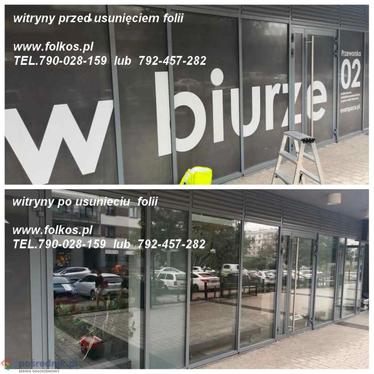 Folkos- Warszawa -usługa zrywania , usuwania folii z witryn, usuwanie naklejek, kleju, wymiana starej folii na nową Warszawa