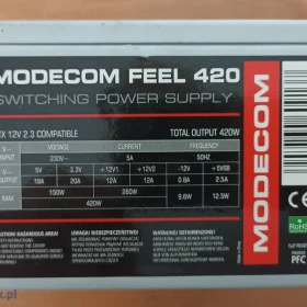 Zasilacz ModeCom Feel 420 420W 12cm wiatrak złącze płyty 20+4 i 4pin, SATA, molex IDE, FDD. Sprawny