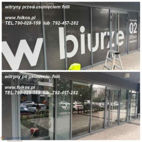 Folkos- Warszawa -usługa zrywania , usuwania folii z witryn, usuwanie naklejek, kleju, wymiana starej folii na nową Warszawa