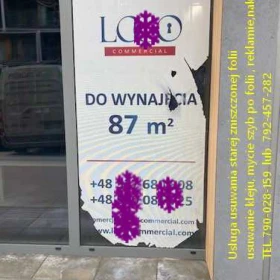 Usługa zrywania , usuwania folii z witryn, usuwanie naklejek, kleju, mycie szyb, witryn Warszawa i okolice TEL. 790-028-159 Folkos