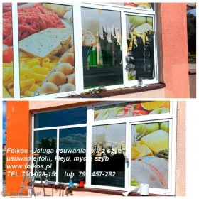 Usługa zrywania folii z witryn Piaseczno - demontaż starej zniszczonej folii, usuwanie naklejek, kleju, mycie szyb , witryn TEL. 790-028-159 Usługa