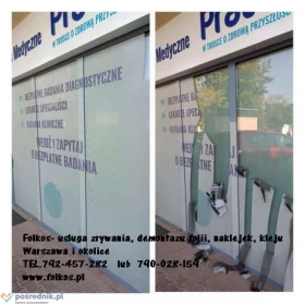 Usługa zrywania folii z witryn- zrywanie folii , naklejek, usuwanie kleju Warszawa  TEL.790-028-159 -Demontaż folii Warszawa