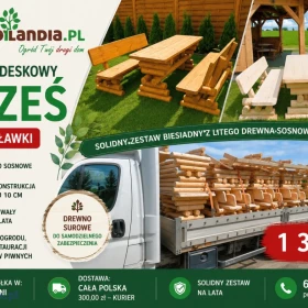 Ciężki komplet biesiadny GRZEŚ – drewniany zestaw stół + dwie ławki do ogrodu i gastronomii